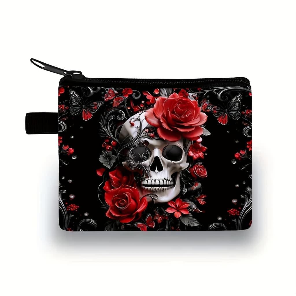 TEMU Women's Gothic Skull Print Wallet/handbag - Zippered Coin Purse Suitable For, Lipstick & Earphones - Compact Zipper Pouch