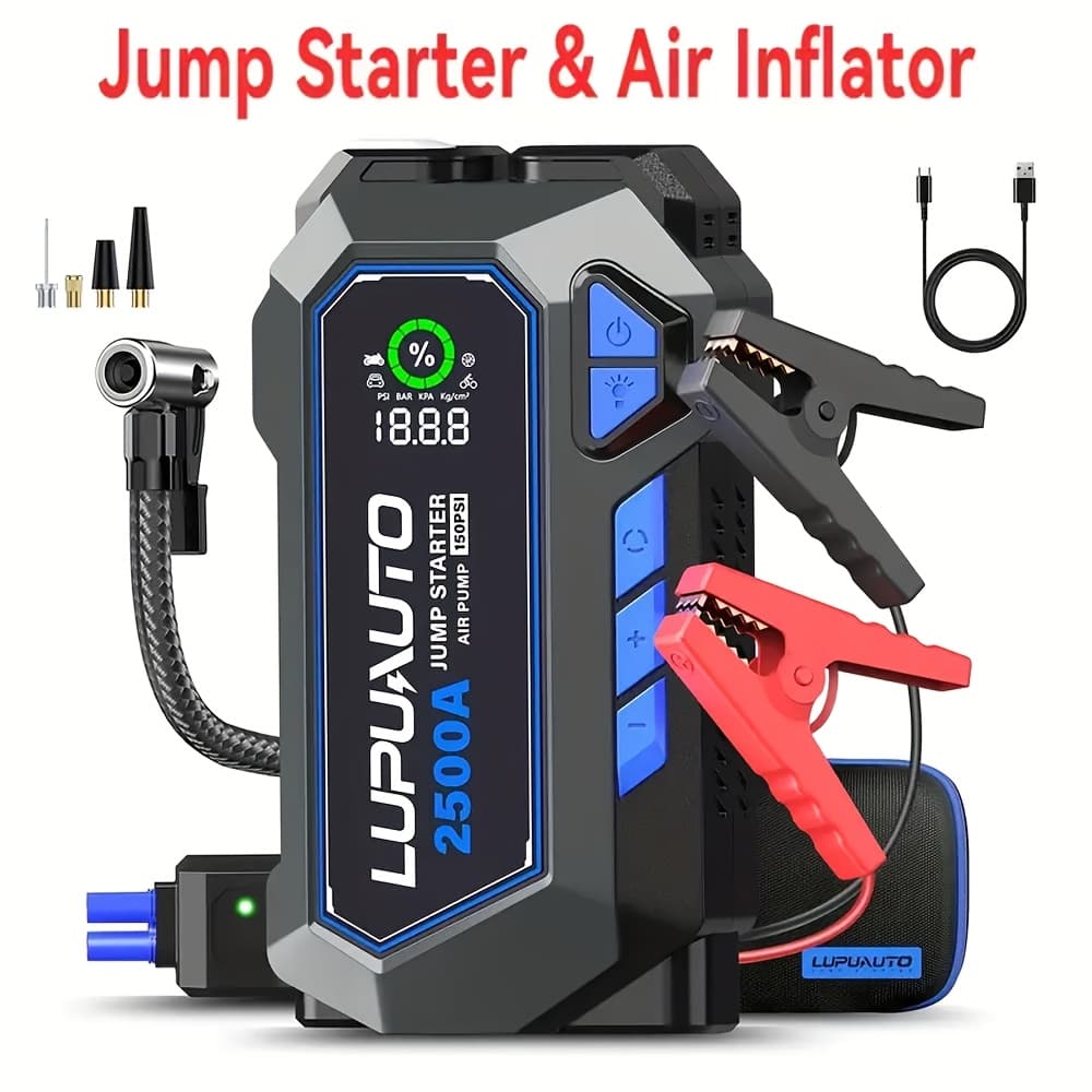 TEMU 8000mah Car Battery Jump Starter Portable Power Pack With Extended Smart Jumper Cables, , Large Display, Led Lights, Jump Starter With Air Compressor