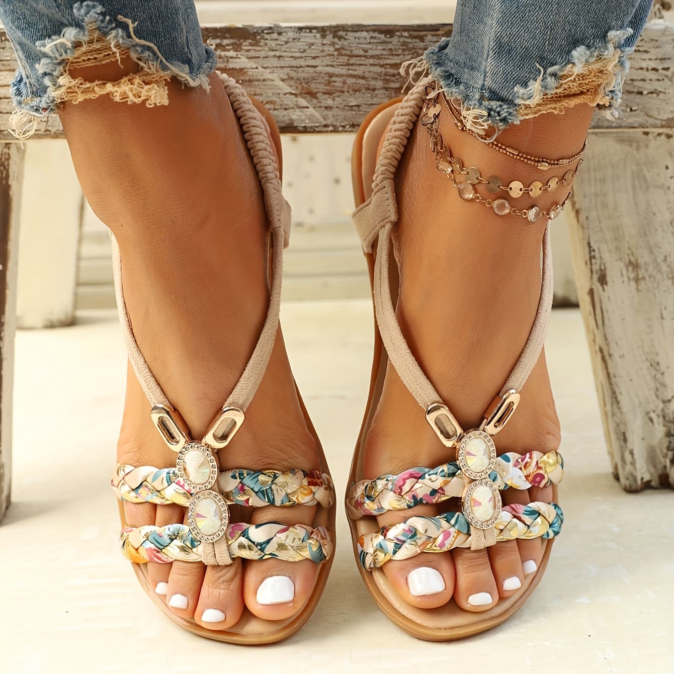 TEMU Women's Summer Boho Sandals 2026 - Floral Print Braided Elastic Slingback Flat Shoes, Casual Open Toe Trendy Beach Vacation Everyday Lightweight Footwear, Ideal Gift Us Fast Delivery, Women Shoes