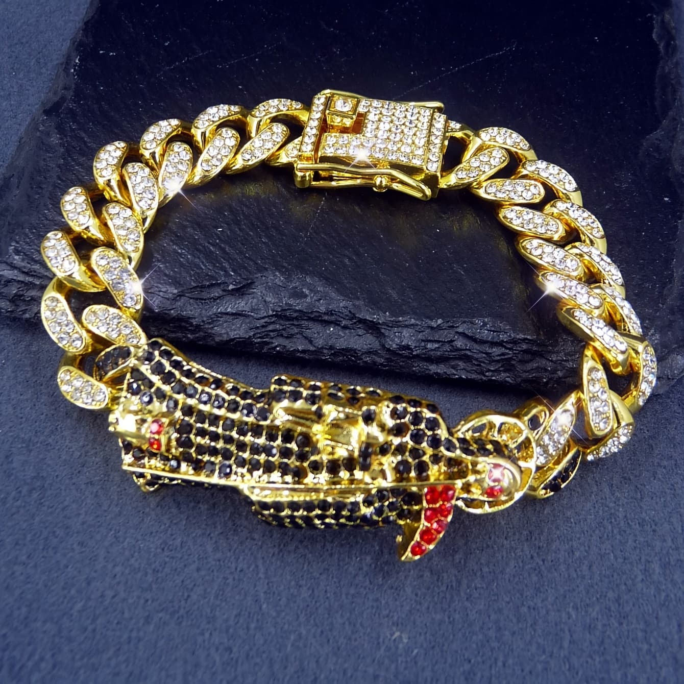 TEMU Golden Plated Cuban Chain Bracelet Of Santa Muerte With Sparkling Accents