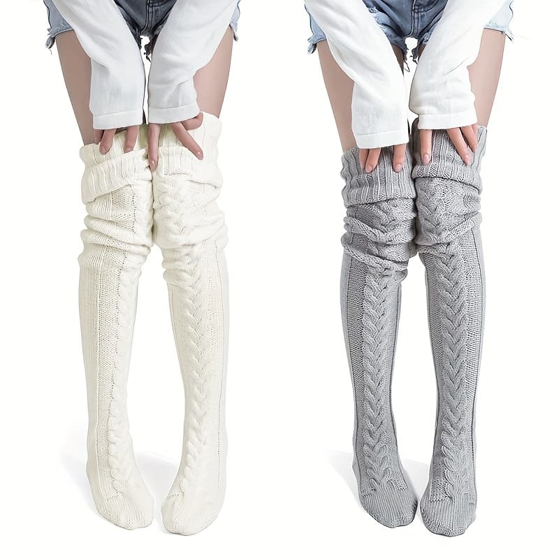 TEMU Of Women's Knee Socks Thickened Warm Winter Socks Fried Dough Twists White Christmas Gifts Stockings Pile Socks