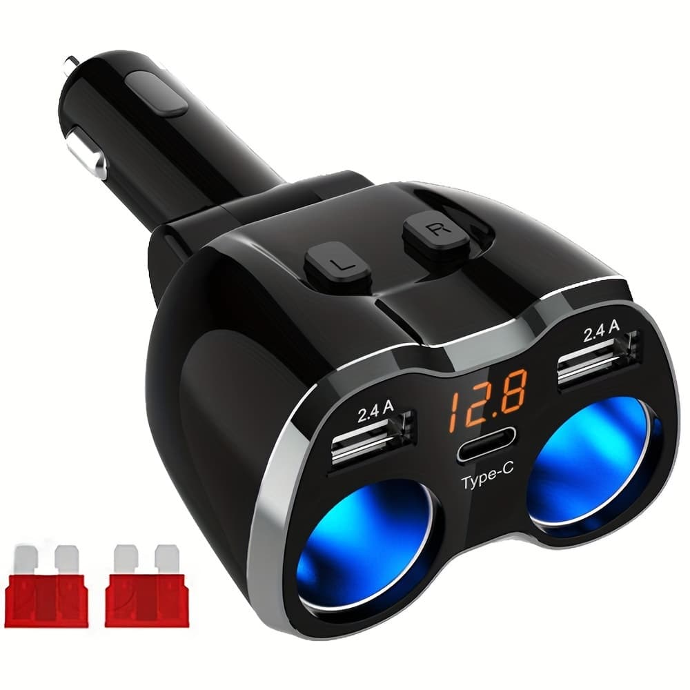 TEMU Car Lighter Spliter Charger Adaptor 120w Power Adapter 2 Way Switch 12v/24v Car Power Outlet With Dual 2.4a Usb Adapter And Type C Port For Car