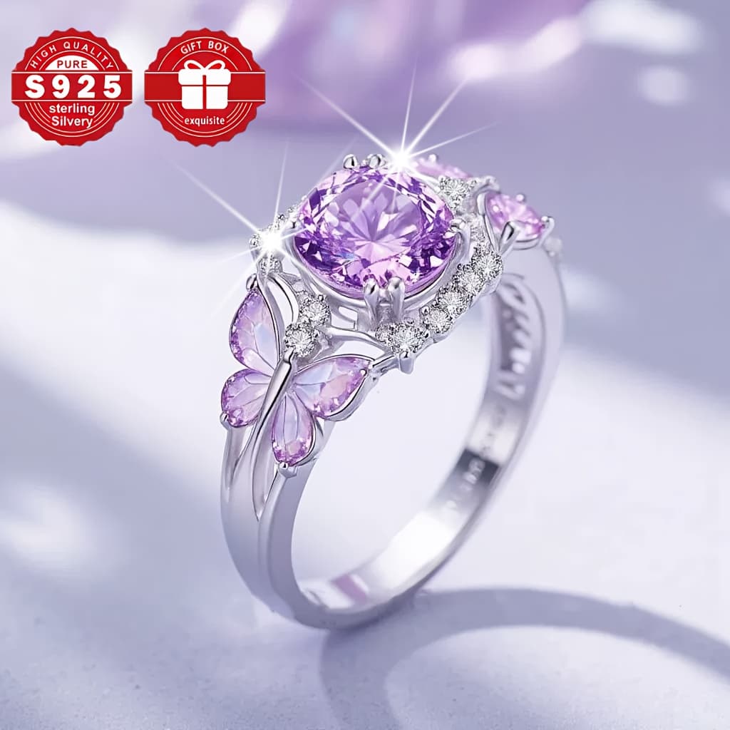 TEMU Fashionable 925 Sterling ' Moissanite Ring, , Inlaid With Natural Stone Ring, Very Suitable For Daily Parties, , Valentine's Day Jewelry And New Year Gifts, For Wives, Daughters