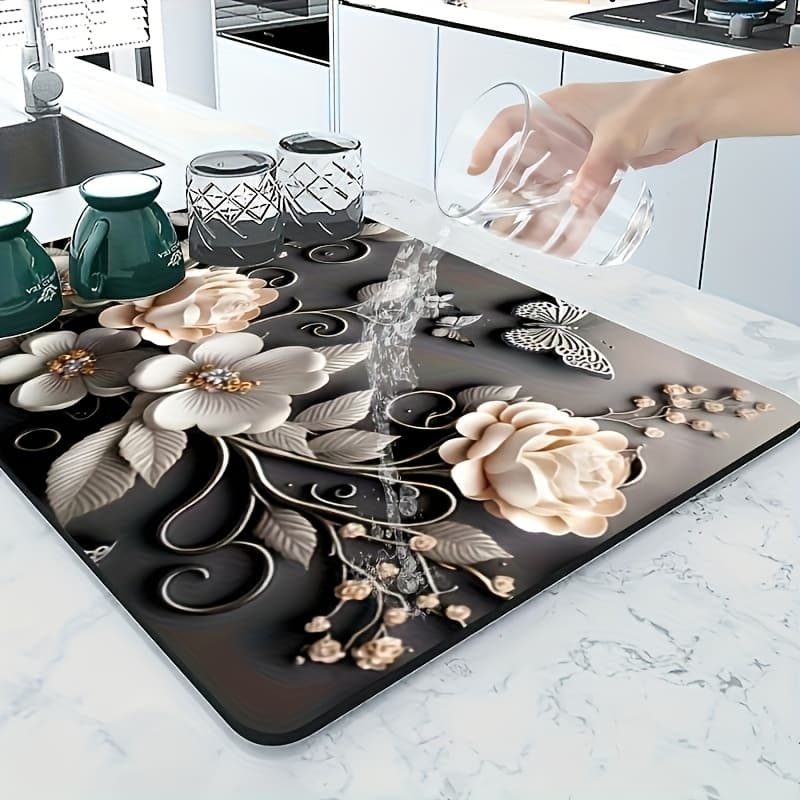 TEMU 1pc Luxury Floral Diatomite Drying Mat - Non-slip Quick-dry Absorbent Sink & Dish Drying Rack Mat Suitable, Bathroom, Coffee Machine, Bathtub - Drain Cover, Accessory
