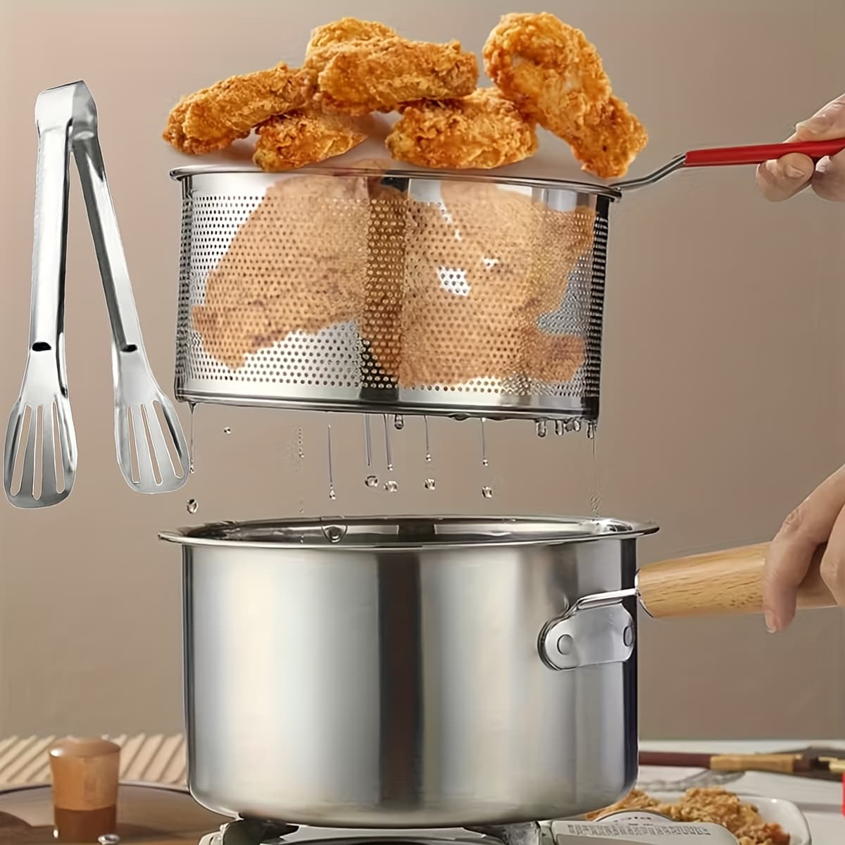 TEMU 4pcs Stainless Steel Cookware Deep Fryer Set (includes Deep Fryer, Frying Rack, Glass Lid, Tongs) Noodle/ Butter Cookware Kitchen Essential Deep Fryer