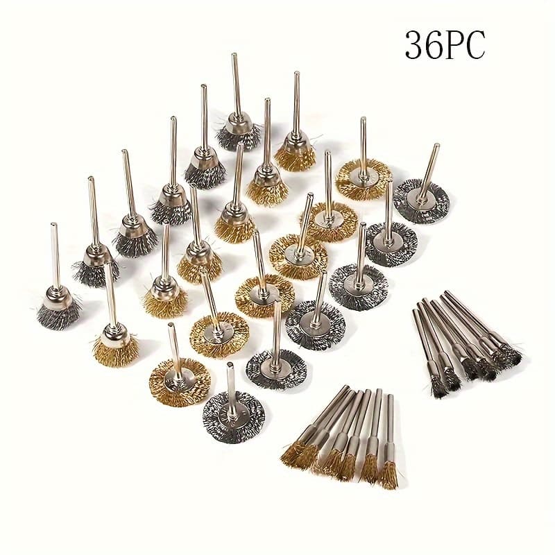 TEMU 36pcs/pack Wire Brush Polishing Wheel Set Rotary Tool 3mmshank Wire Wire Mini Grinding Head Mini -shaped Bowl-shaped Small Brush For Jewelry Polishing