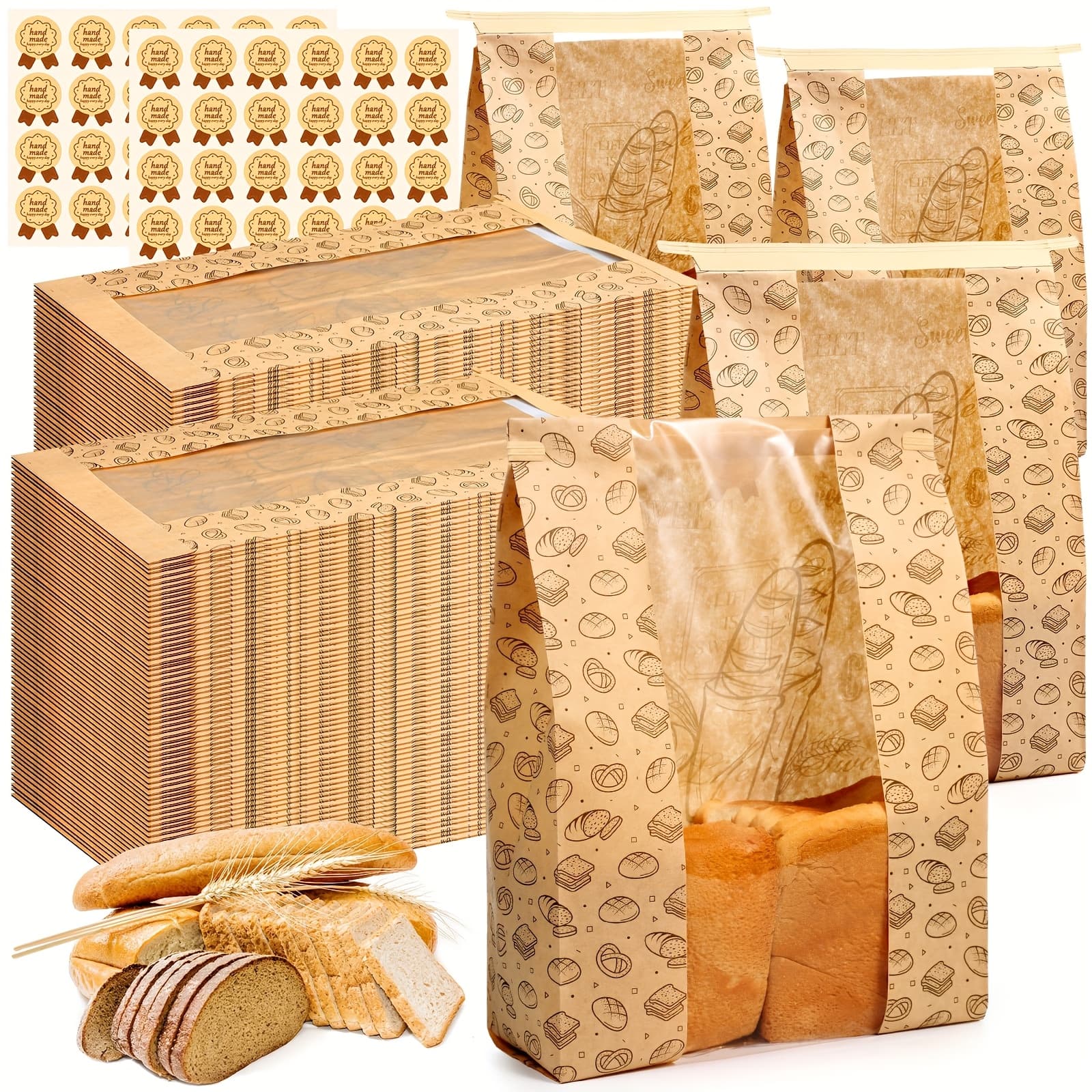TEMU 250 Pack Paper Bread Bags For Homemade Sourdough Bread Boxes With Clear Window X 8.2 X 3.5 Large Bakery Bag For Treat Packaging Storage With Seal Sticker