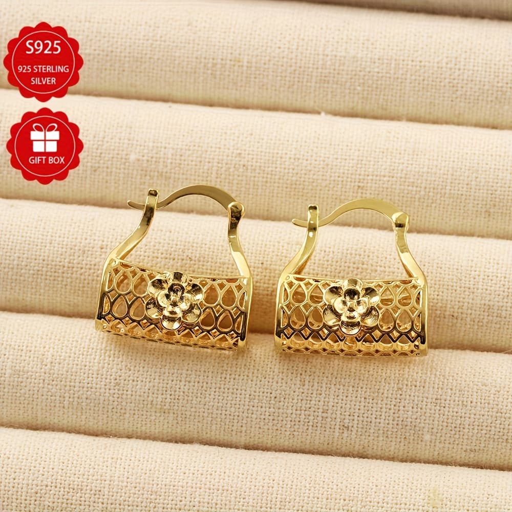 TEMU [ 5a Quality ] 925 Silver Hollow Safety Lock Flower Exquisite Design Earrings Niche Design Light Luxury High-end Feeling Ear Ring Ear Valentine's Day Christmas Gift For Girlfriend's Birthday