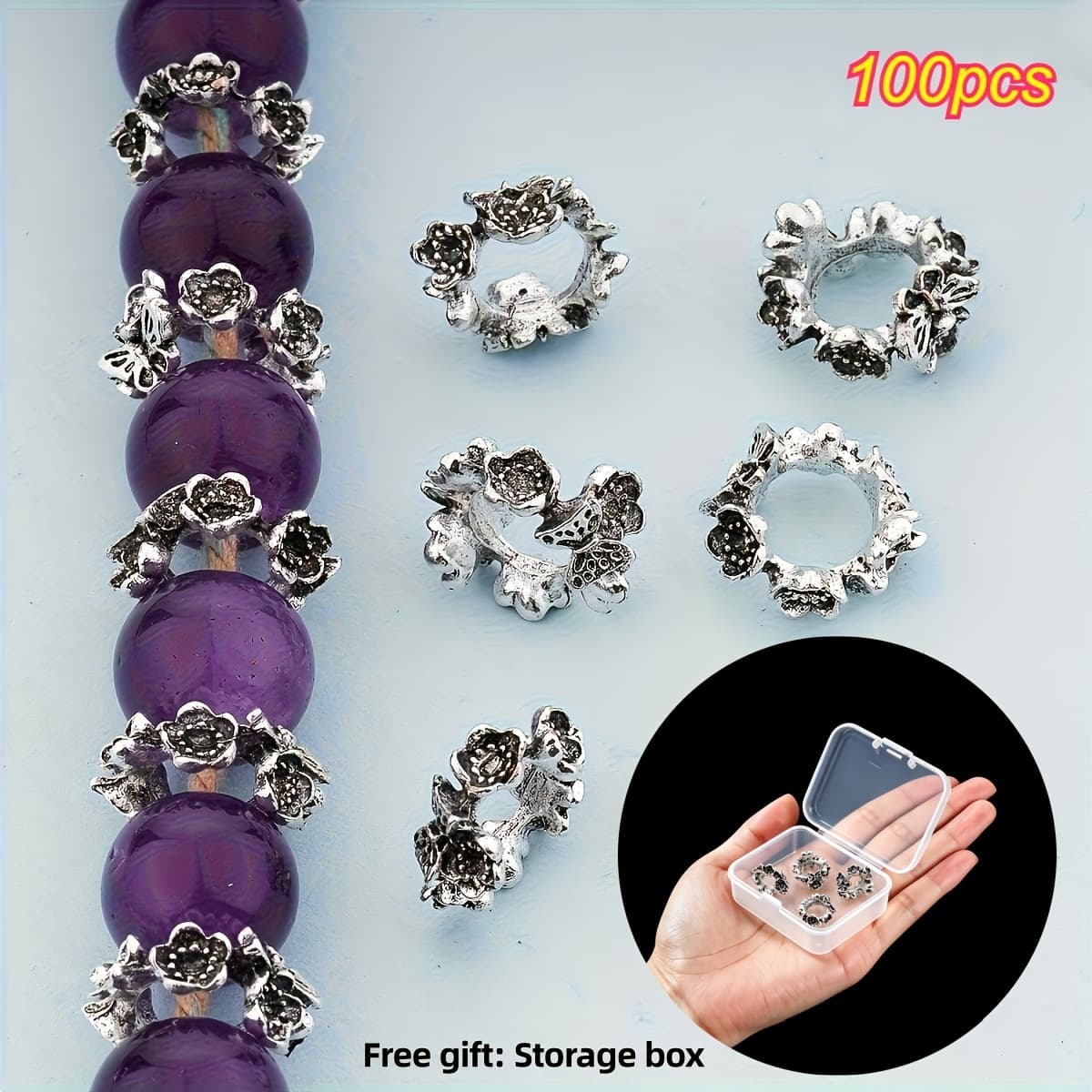 TEMU 100pcs Romantic Flower Engraved Beads With Retro Silvery Alloy Spacer Beads, Free Gift: Storage Box - Ideal For Necklace, Bracelet, Earring & Handmade Jewelry Making Supplies, Without Battery