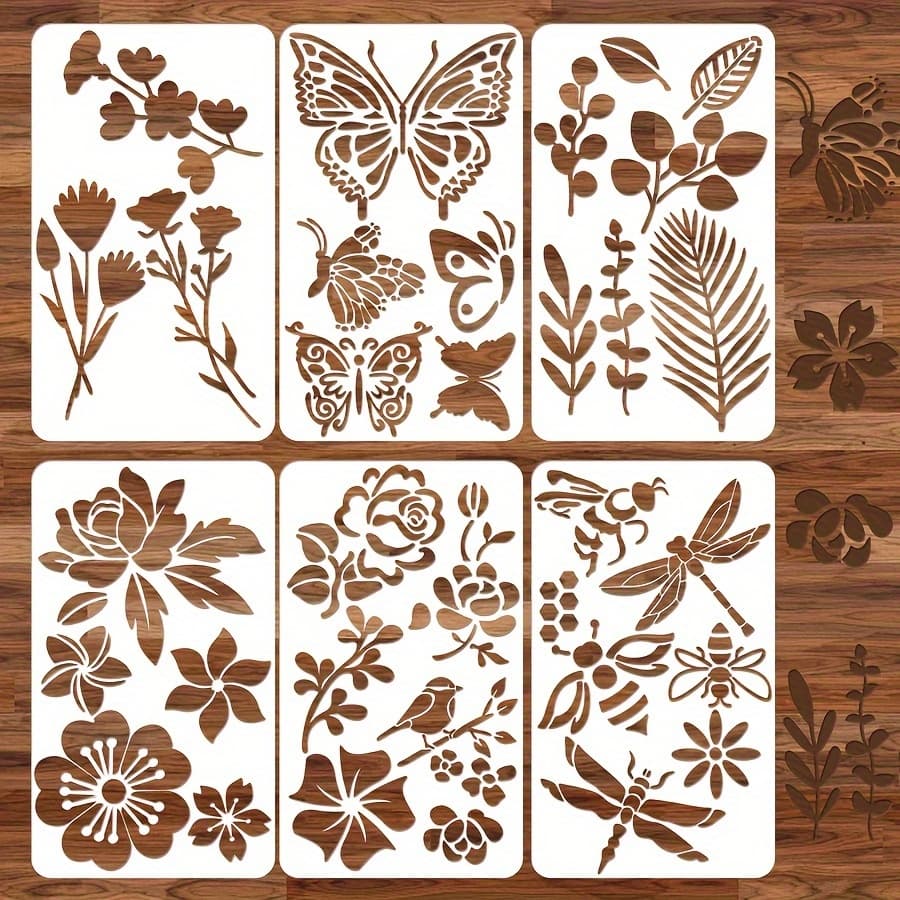 TEMU 6pcs Mixed Plastic Stencils Wood Stencils Journal Stencils Wood Carving Stencils Painting Stencils Scrapbooking Journaling Crafts (botanical Style)