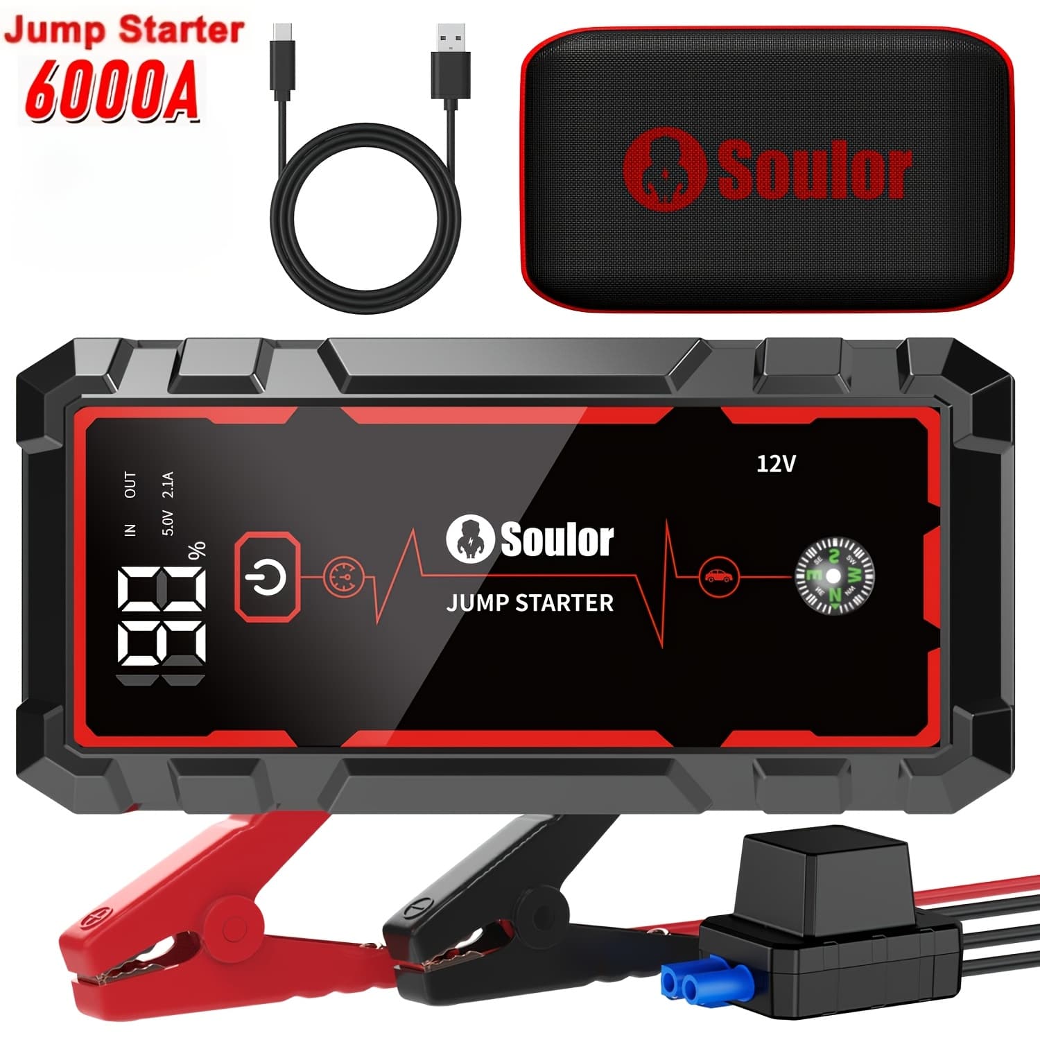 TEMU Car Battery Jump Starter, 3000a 12v Lithium Battery Portable Jump Box, Jumper Cables For All Gas Engines, Jump Starter With Dual Usb Power Bank Qc 3.0 Fast Charging, Led Lighting, Compass