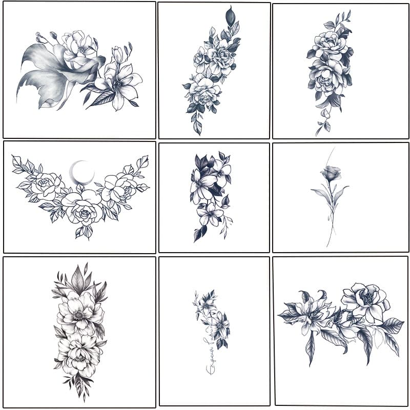 TEMU 9 Large Herbal Tattoo Stickers, Including 9 Plain Flower Elements And Other Styles, Lasting 7-15 Days, And , Realistic Effect, Suitable For People Who Are Of Pain And Do Not Want To Tattoo