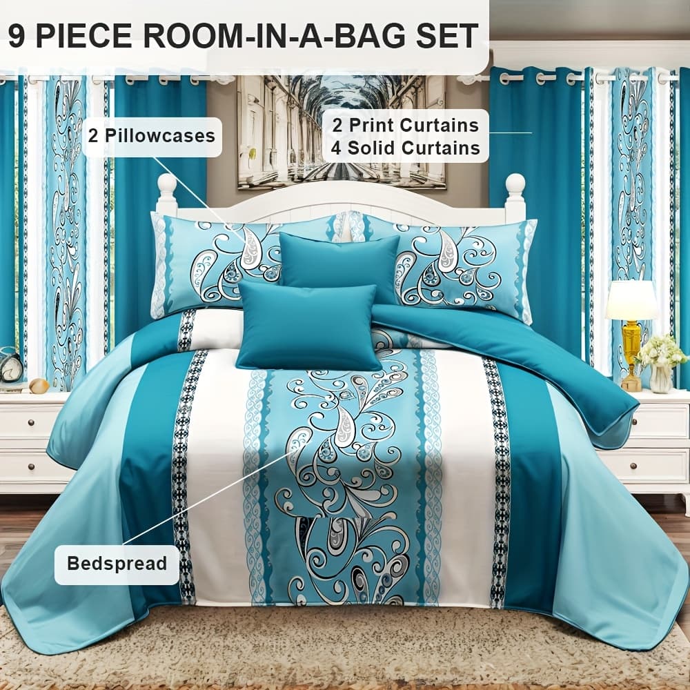 TEMU 9pcs In A Bag Thick Touch Bed Cover Curtain Set, Upgraded Luxury Bedspread Set, Bamboo Microfiber All Season Bedding-set For Home, Rv Bedding, With Gift Bag