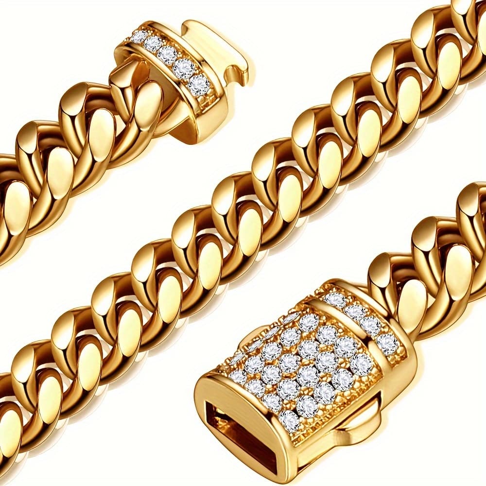 TEMU Men's Miami Cuban Link Chain, 8mm Necklace Made Of 18k Gold Plated 316l 316l Stainless Steel
