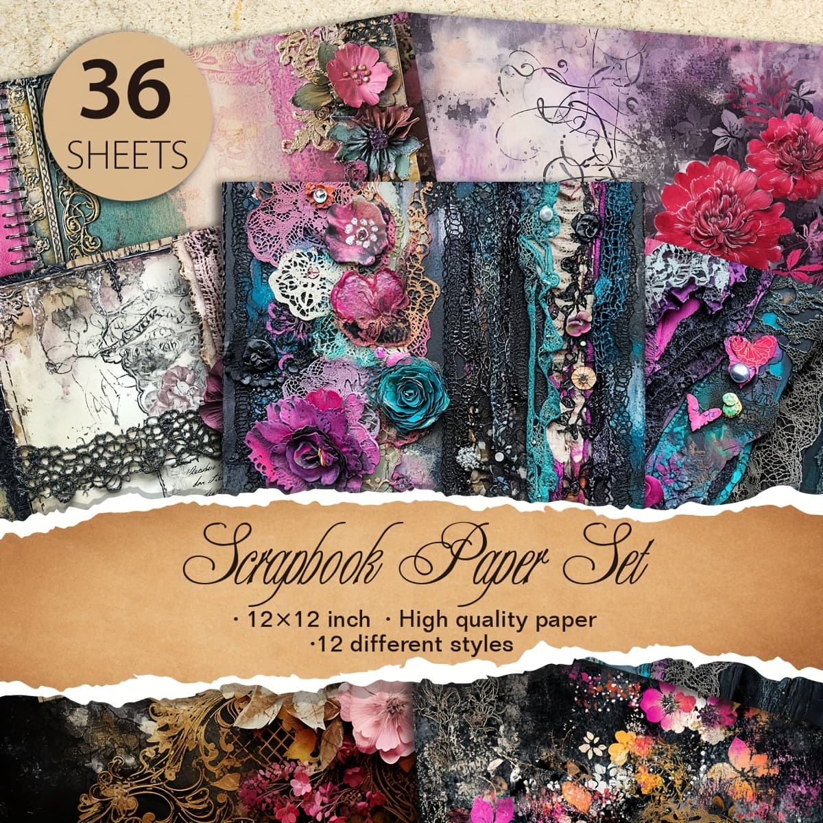 TEMU 36 Sheets 12"x12" Diy Paper, Gift Packaging Album Planner Decorative Paper, Aesthetic Decoration Craft Supplies, 12 Design Supplies Kit - Lace Flowers