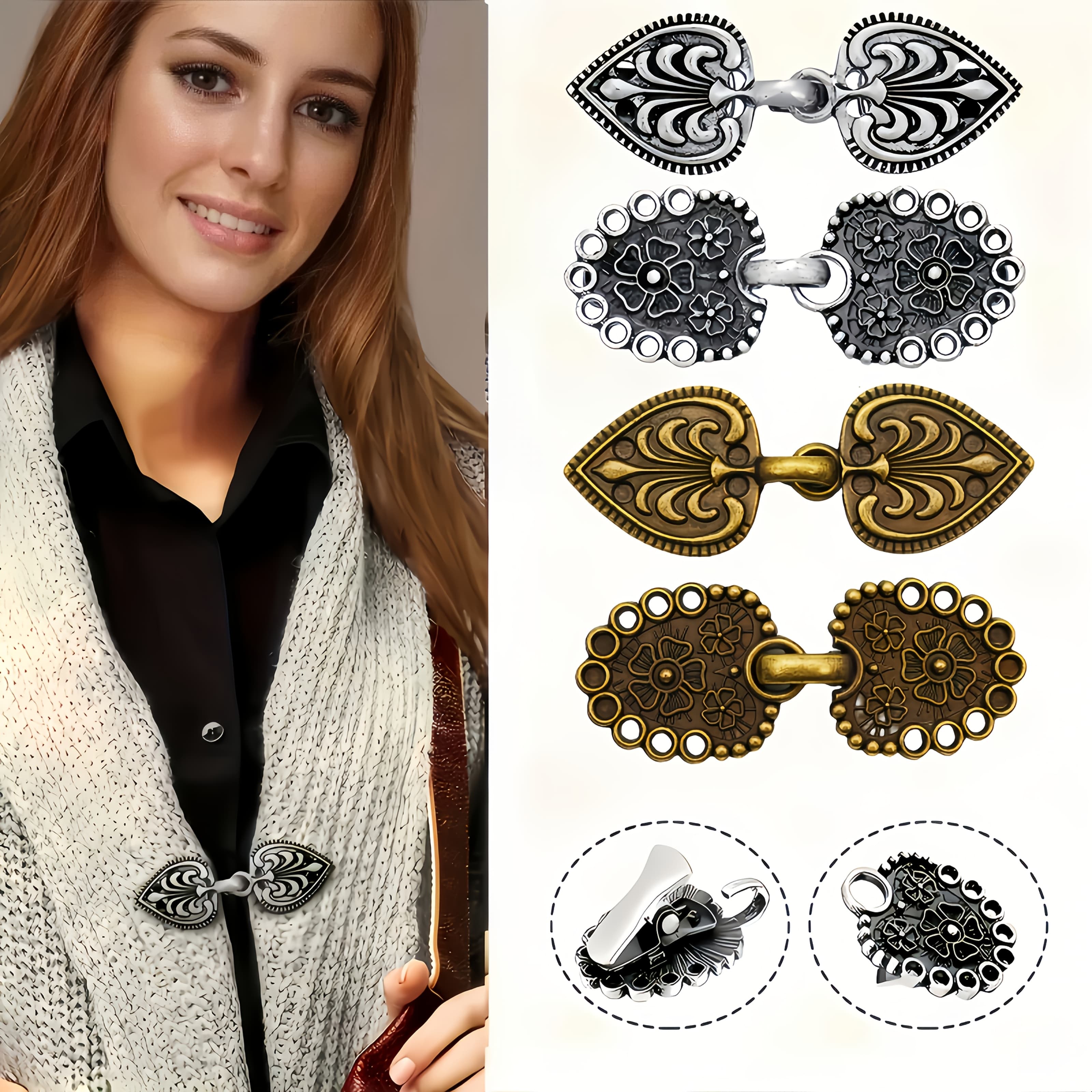 TEMU 4pcs Set Of Alloy Shawl Clips, Sweater Clips, Scarf Clips. Suitable For Cardigans, Shawls, Scarves, Dresses, Etc., No Sewing Required, Simple Yet Practical, Retro Elegant And Stylish