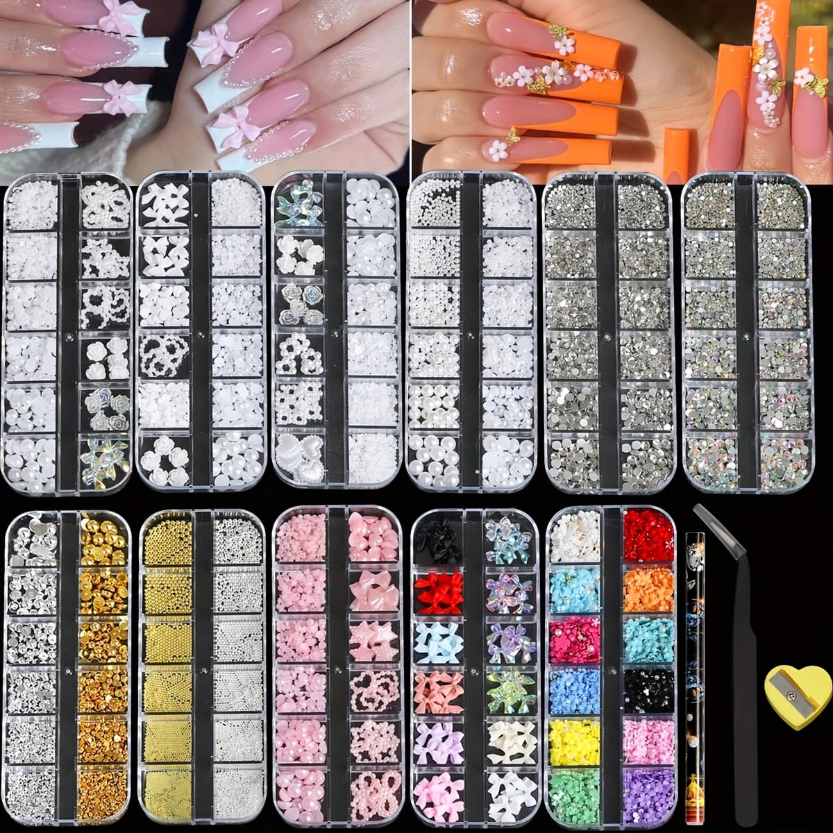 TEMU 11 Boxes Of 3d Nail Decoration With Bottom, Flat Back Flowers Steel Balls Of Styles Of Resin Bow Accessories Pink And - Shapes Of Manual Diy Art Deco