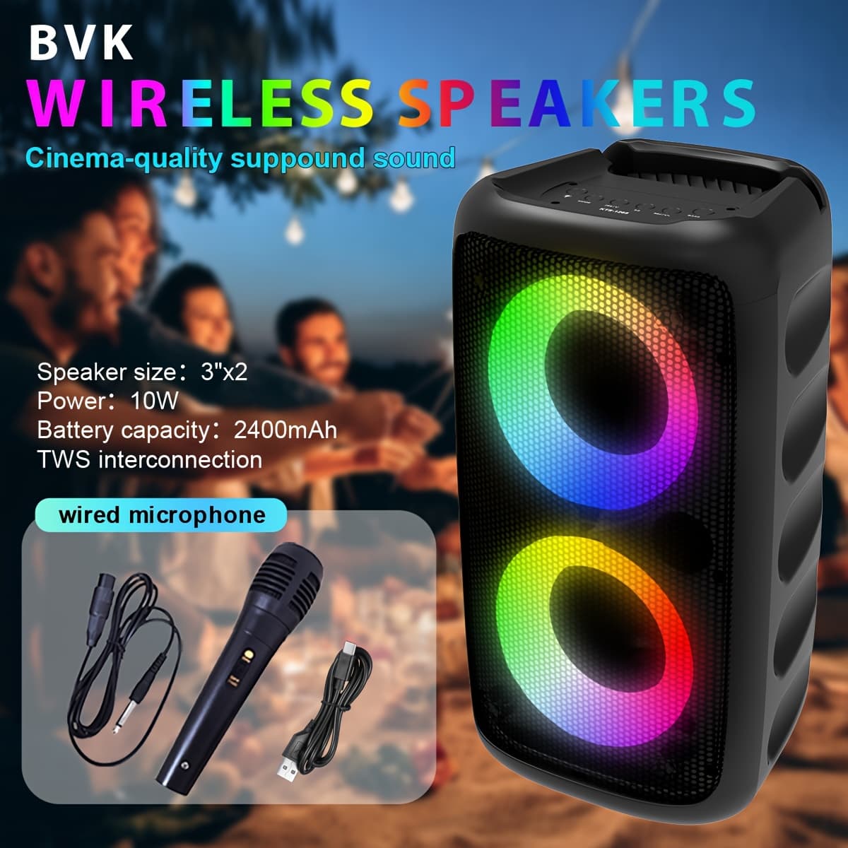 TEMU -1265 Wireless Dual Speaker Sound System With Rgb Colorful Ambient Lighting Portable Stereo Speaker For Music Lovers Perfect For Home /parties/outdoor Camping