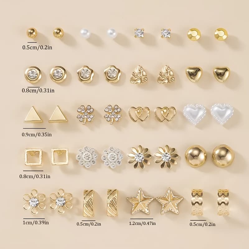 TEMU 20-pair Vintage & Elegant Stud Earring Set, -embellished, Geometric & Floral Designs, Stainless Steel Posts, Iron Construction, For Daily Wear & Festive Occasions, Suitable For All