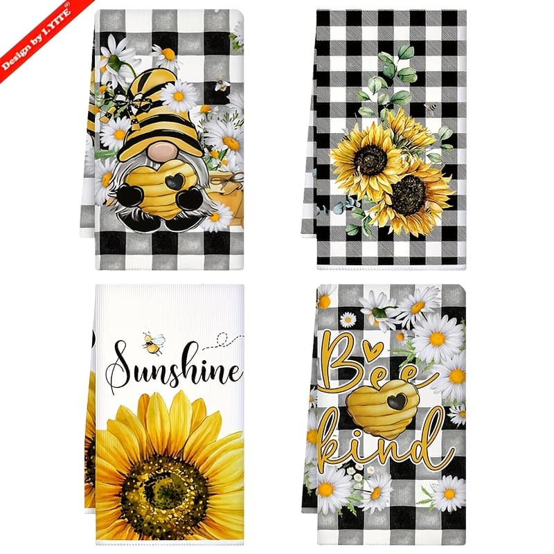 TEMU 4pcs/set Funny Kitchen Towels - Cute Cartoon Bee & Gnome Printed, Colors, 16x24in Microfiber Soft & Absorbent Rustic , Christmas/home/holiday Decor, Dining Room, Kitchen & Daily Use, Sweet Gifts