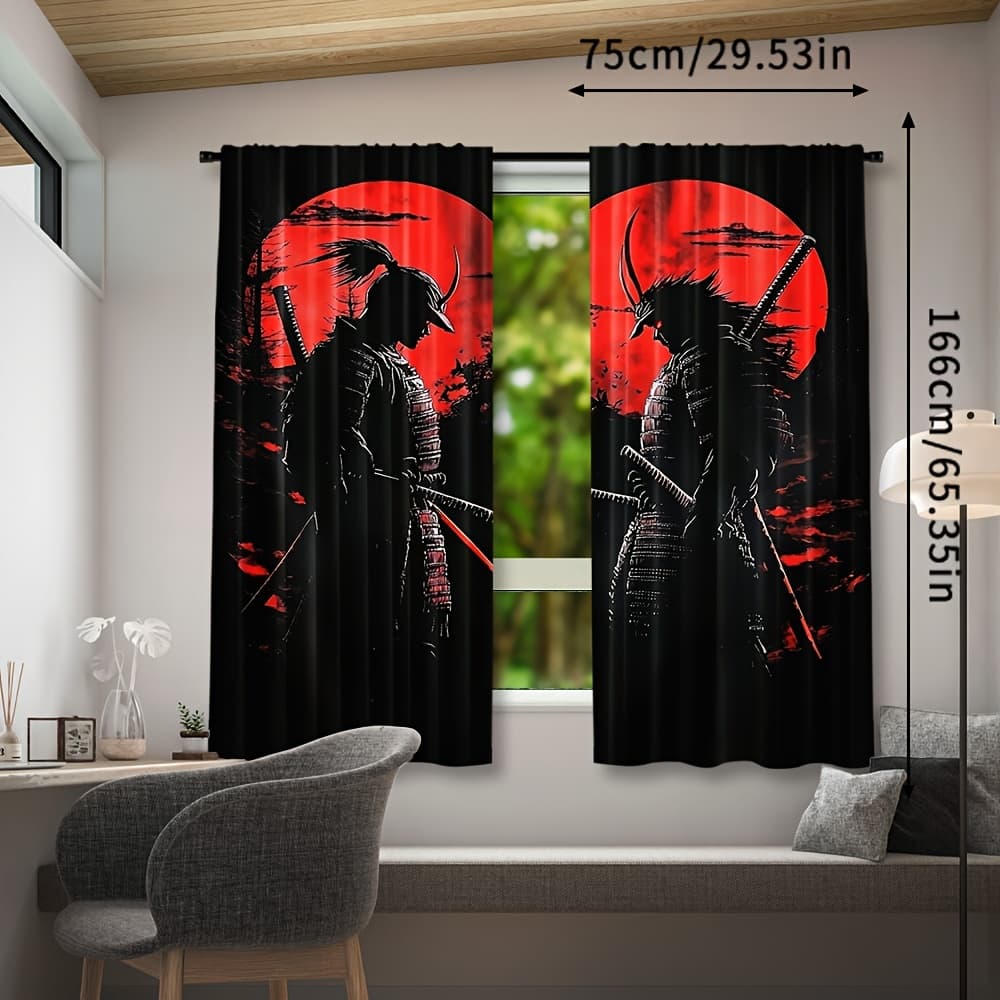 TEMU 2pcs, Japanese Ink Painting Curtains, Rod Pocket, Semi-transparent Polyester, Perfect For Living Room, Kitchen, Bedroom & More, Machine Washable Home Decor