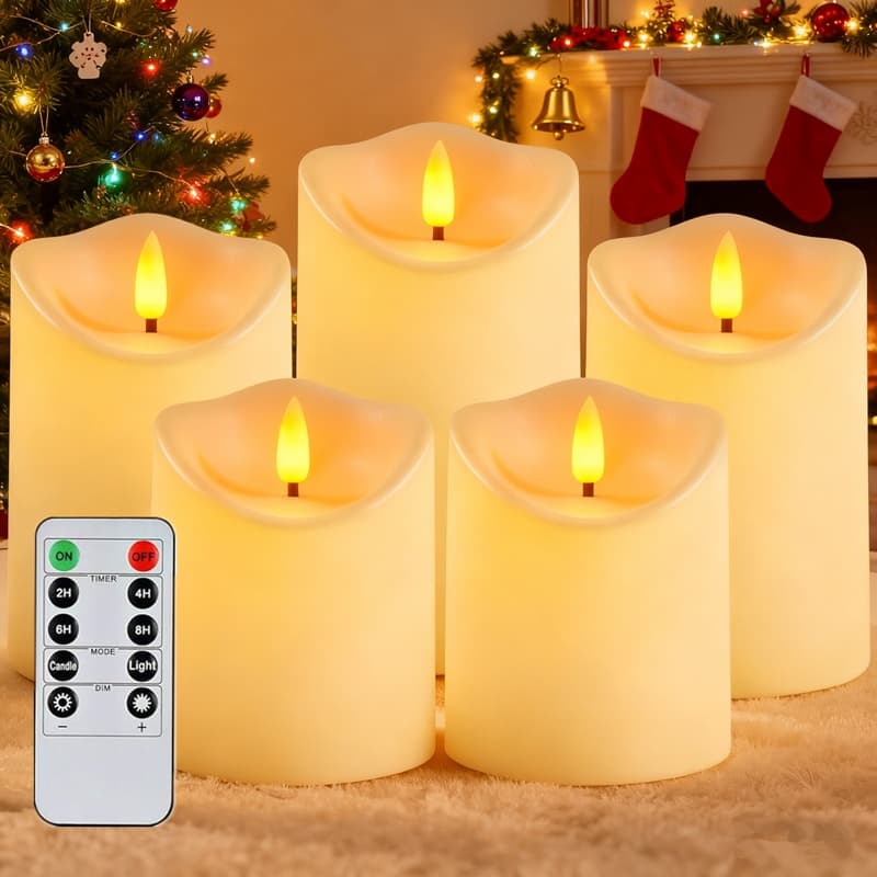 TEMU 5pcs Ivory Flickering Flameless Candles, Battery Operated Led Candles With Remote Timers, For Home Decoration, Holiday Decoration, D3.25"x H4"5"6"