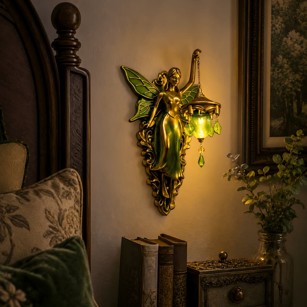 TEMU Set Of 2 Fairy Statue Lantern Wall Sconces, Resin Vintage Battery Operated Cordless Wall Lamp, Decor For Bedroom Living Room Garden, Ideal Gift For Women