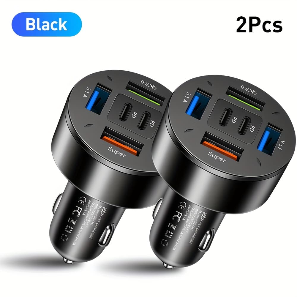 TEMU Kaxoe 2pcs Fast Charging Car Phone Charger, 4usb+2pd, 6-in-1, Fast Charging Car Charger, Fast Charging Car Phone Charging Adapter, For Iphone/ /tablet