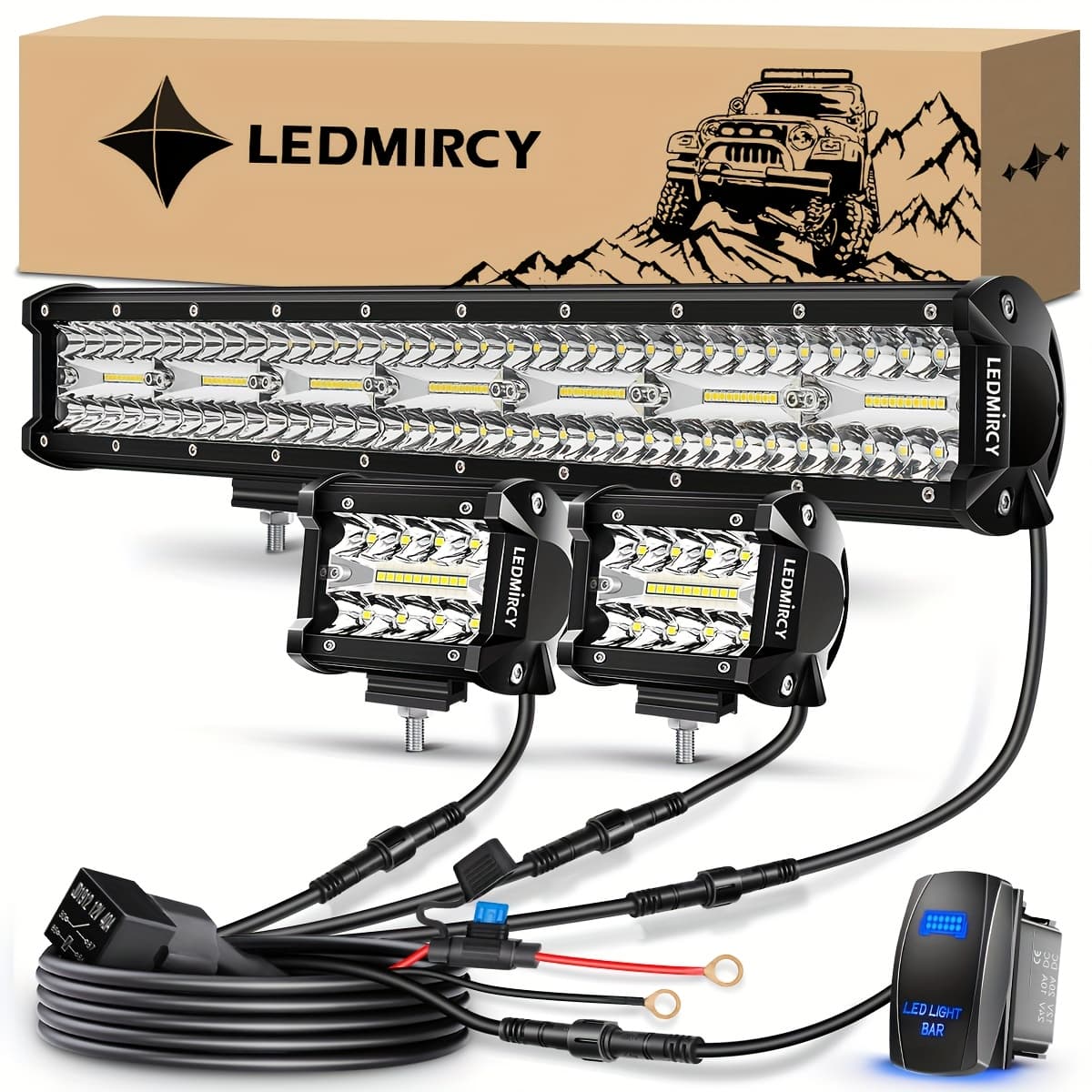 TEMU Ledmircy 20 Inch Led Light Bar And 4 Inch Led Pods 2pcs Kit, With 3 Leads Wiring Harness Rocker Switch Triple Row Off Road Light Bar, For Off Road Utv Atv Pickup Trucks Boat Yachts