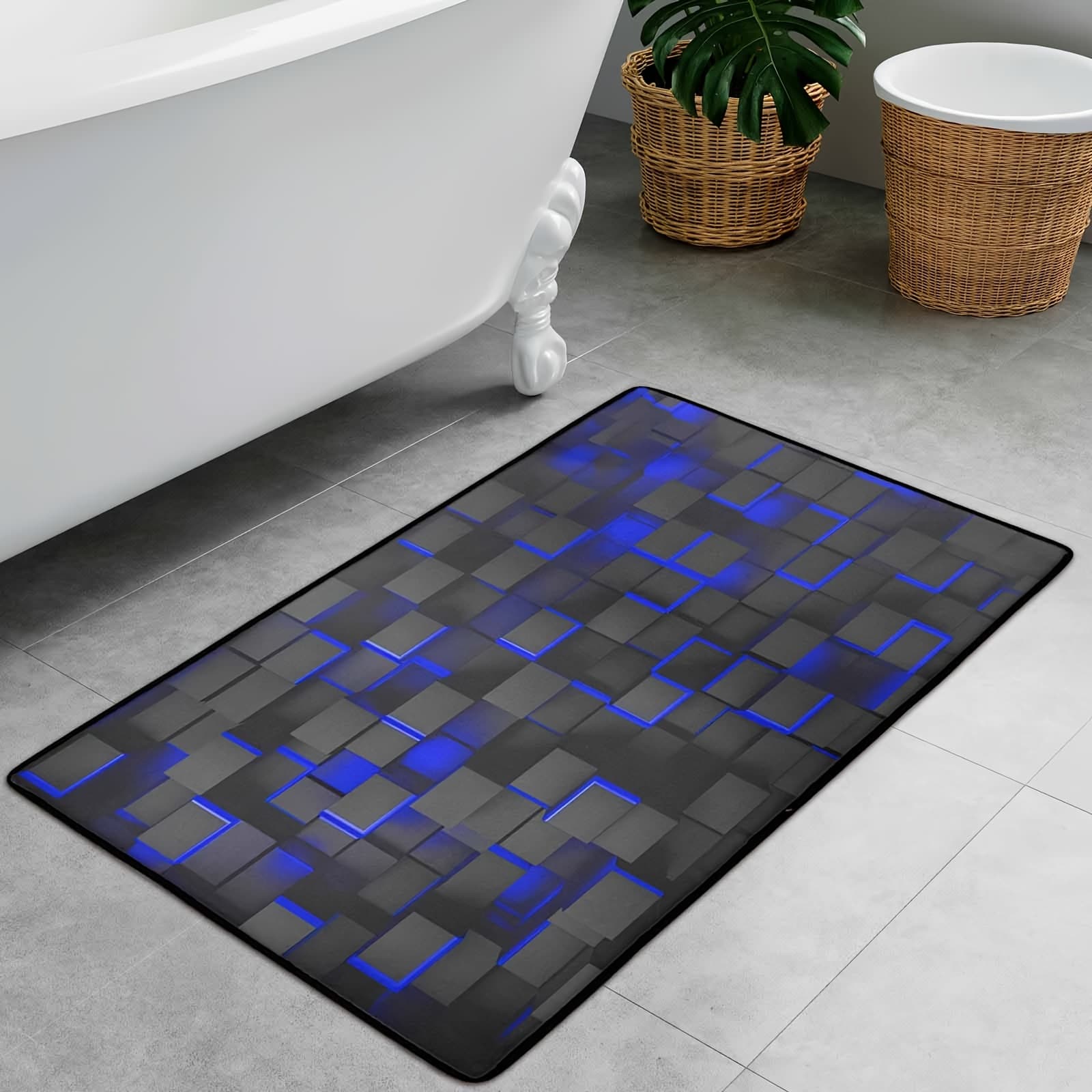 TEMU 1pc Area Rug Modern Blue And Black Geometric Mat, Non-slip Backing, Machine Washable Easy Mat For Living Room, Bedroom, Office , Floor Mat, Bedroom Decor, Contemporary Decor, Durable Polyester