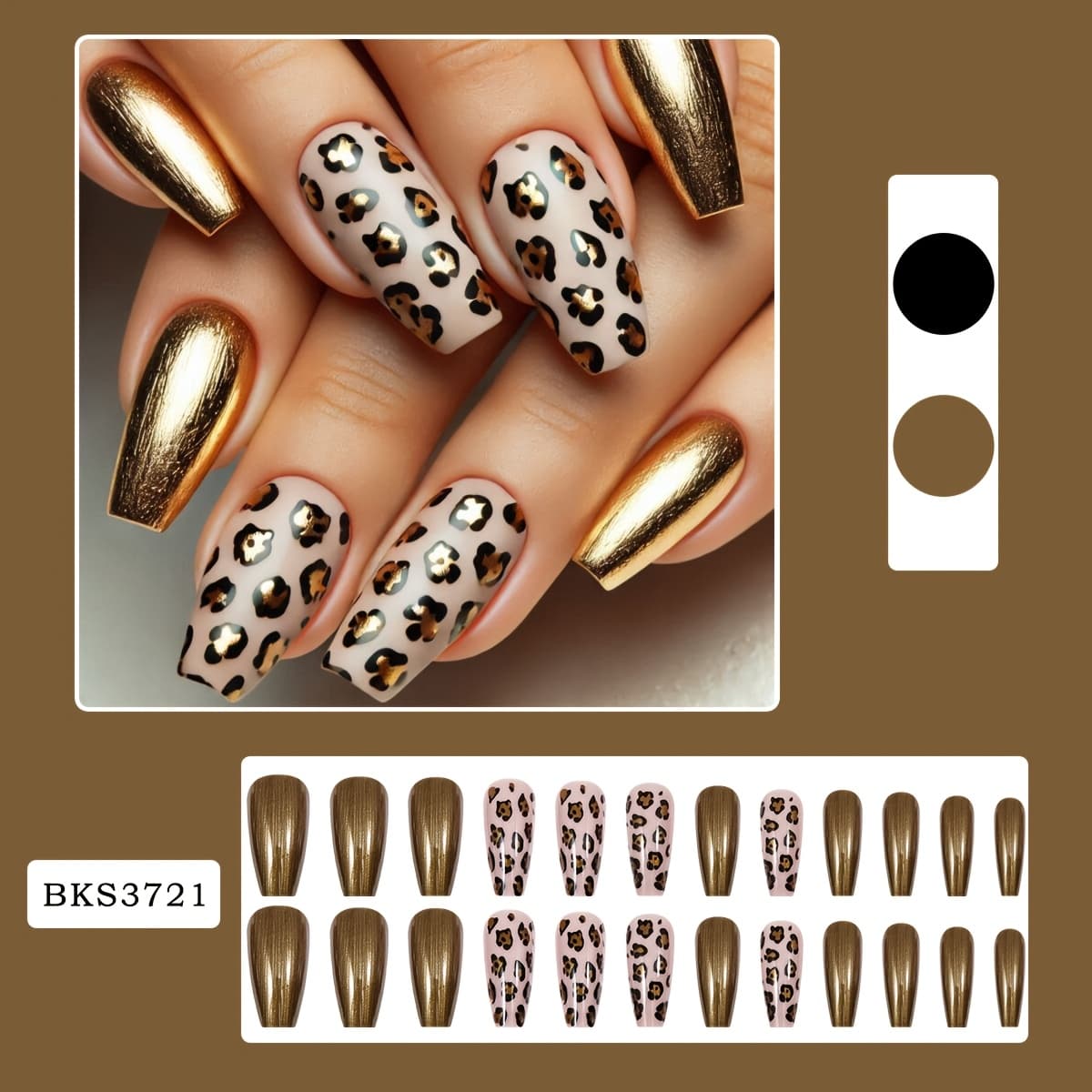 TEMU 24pcs Leopard Print Nail Art With Metallic Golden Accents, Trendy Long Coffin Shaped Animal Print Press On Nails