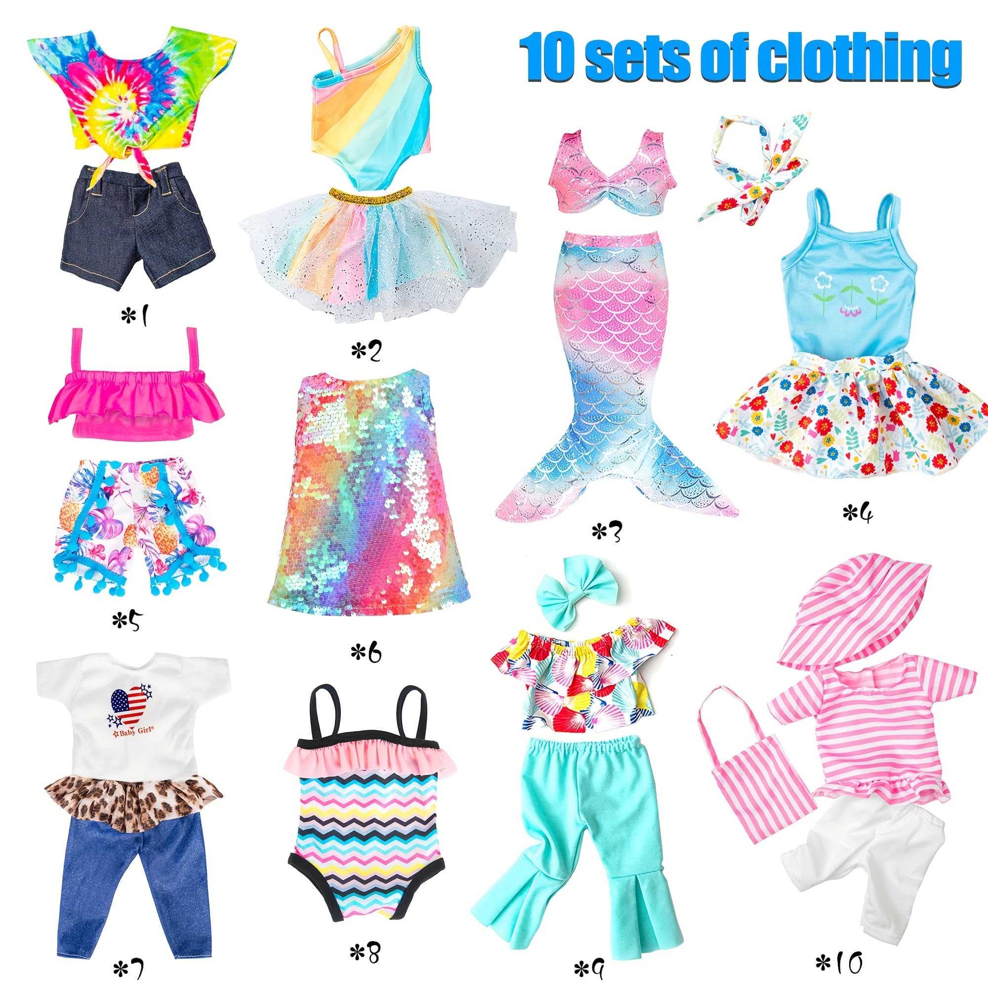 TEMU (no Doll)fashion 10 Sets 18 Inch Doll Clothes And Accessories Play Set Inlcude Mermaid Dress Outfits Bikini Hat Handbag. Christmas Gift For Kids Aged 3-12