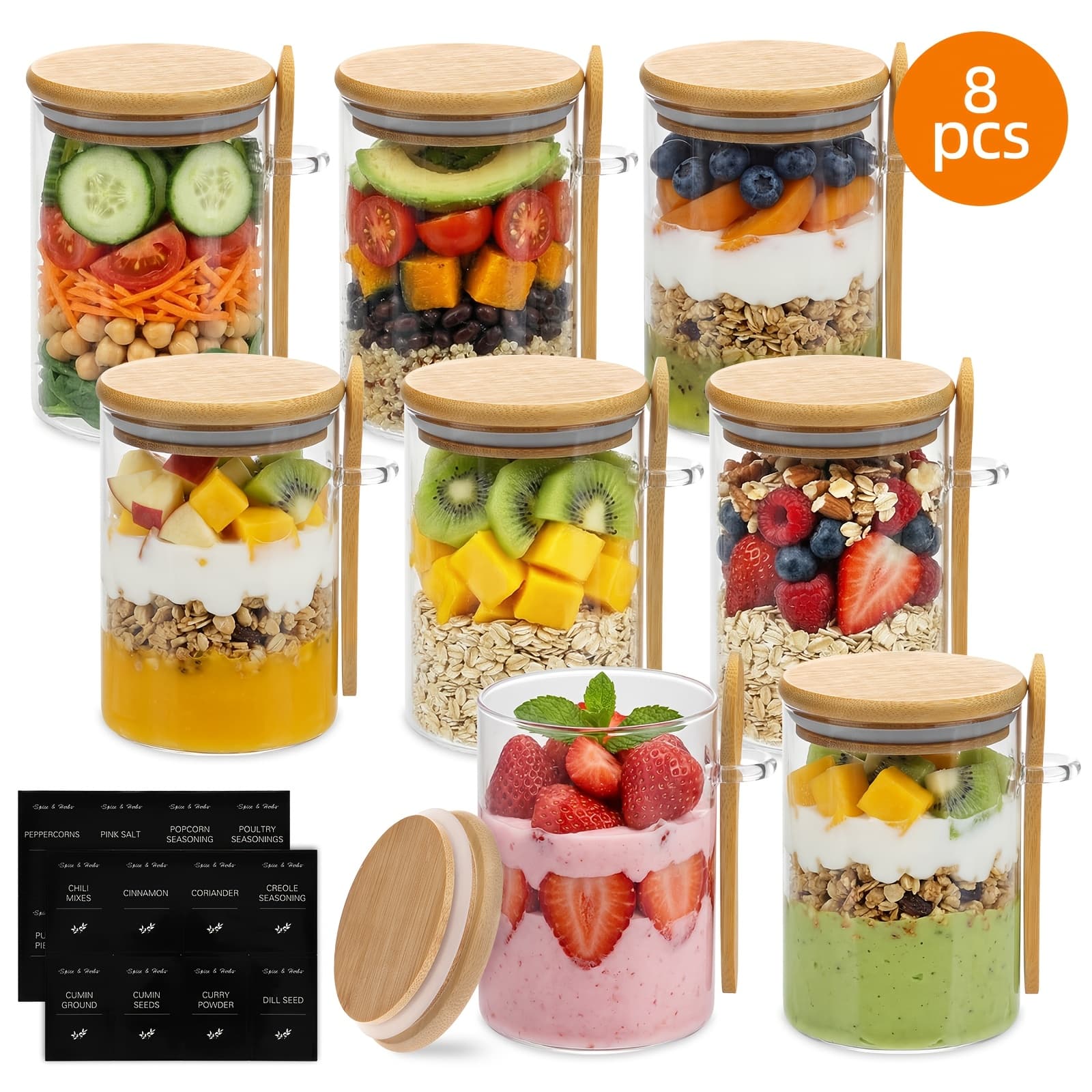 TEMU 8pcs Tomnk Overnight Oats Jars With Bamboo Lids & Spoons Suitable For Pudding, Sourdough Starter Containers, Round Meal Prep Bowls For Cereal, Storage, Bread Fermentation Jars For Bread Making