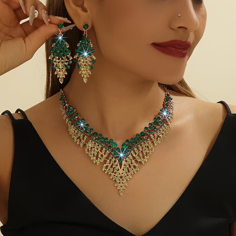 TEMU Set Of Green Necklace And Earrings For Women - Additions For Evening Wear, Stylish Minimalist Jewelry Collection