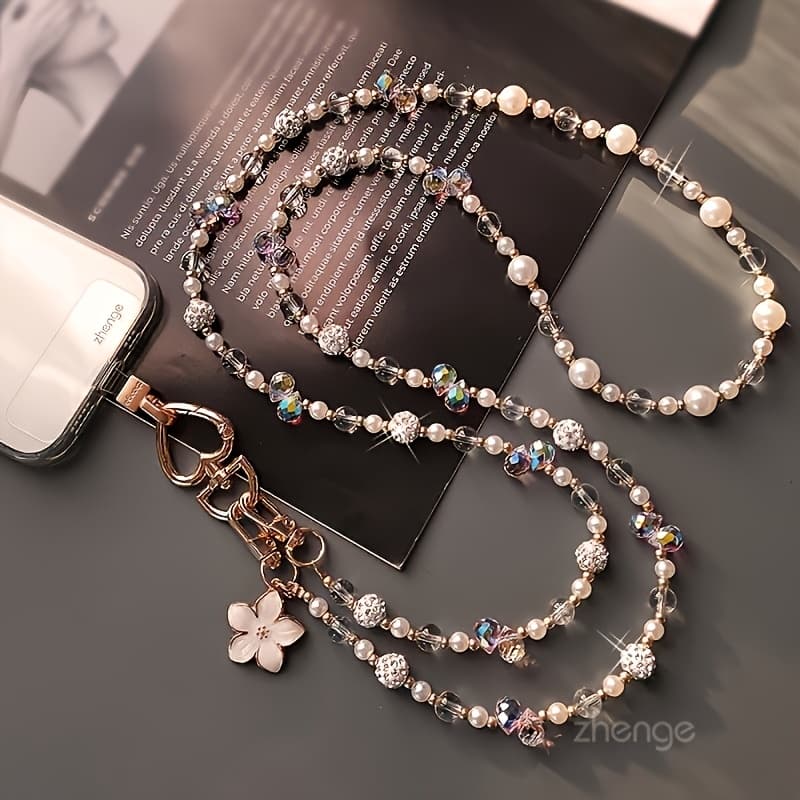 TEMU Elegant Phone Strap With Pendant - Fashionable Anti-lost Phone Strap For Women, Durable Outdoor Travel And Daily Wear Accessory, Pearl String Design