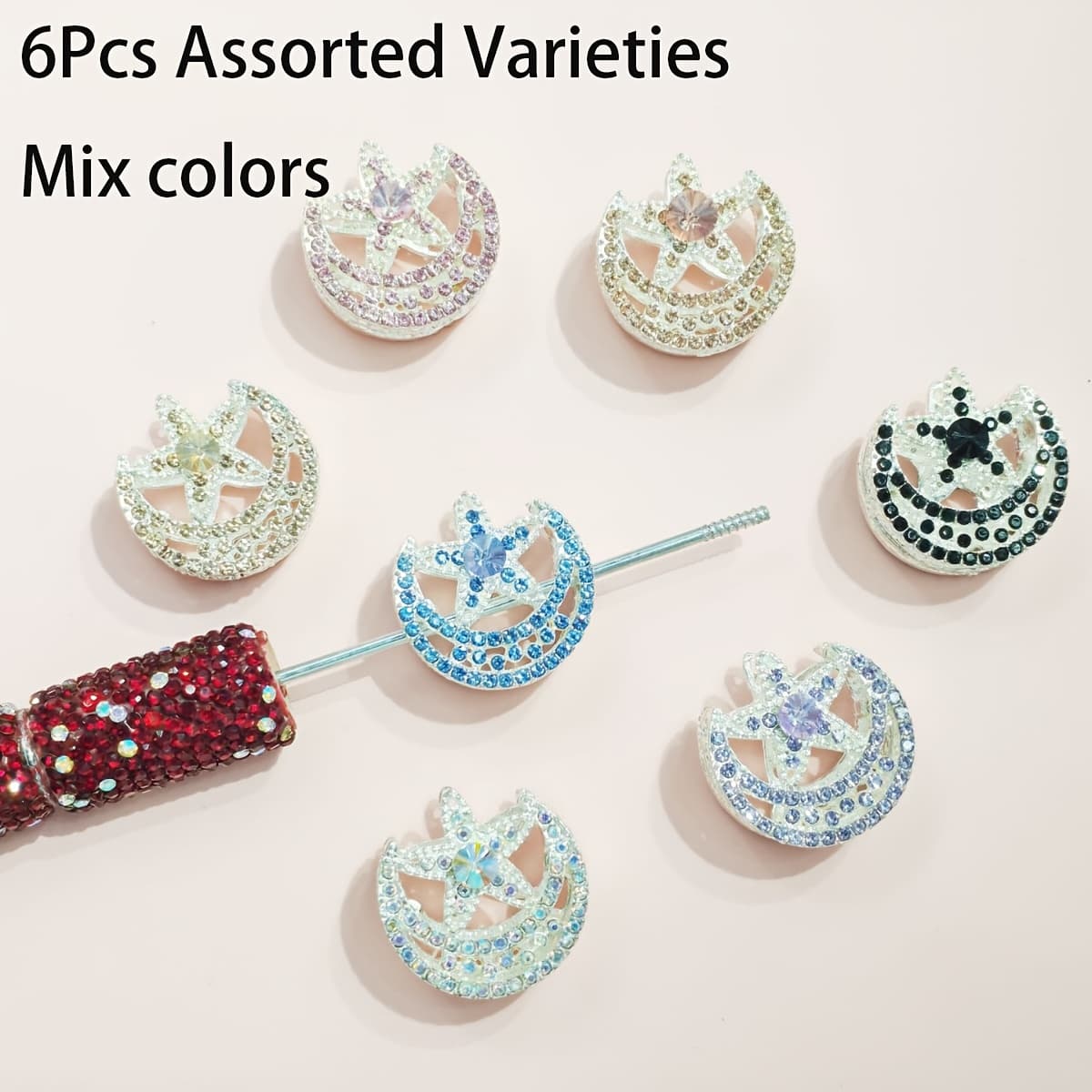 TEMU 6pcs Star Moon Alloy Beads For Pens Colorful Star Moon Spacer Beads For Craft Beadable Pens Bracelet Necklace Earrings Keychain Jewelry Making, Colors Sent