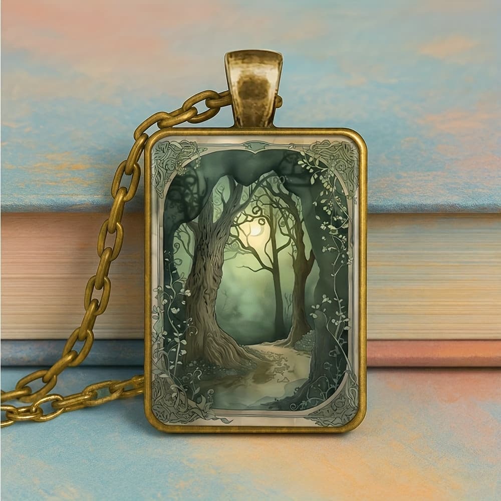 TEMU Vintage Square Pendant Necklace & Keychain - Moonlight Forest Path Jewelry With Pathway Charm, Romantic Gift For & Men, Durable Color-retaining For Casual Attire Or Special Occasions