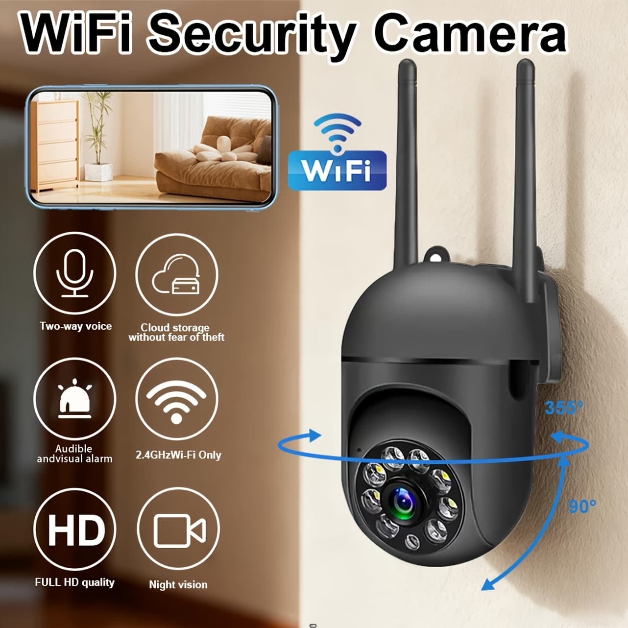 TEMU 720p Hd Security Camera, Indoor Security Wifi Camera, Wireless Wifi 355° Panoramic Network Camera, Full .4g Wifi Smart Camera With Motion Detection Alarm, Talk, And Remote Night Vision Camera