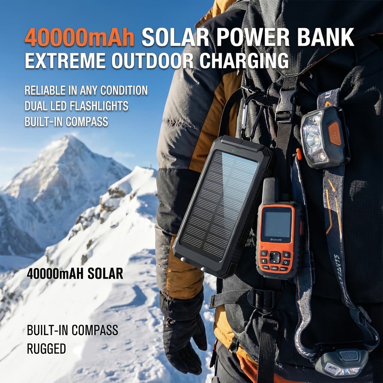 TEMU Portable Solar Mobile Phone Charger, Camping External Battery Charger For Mobile Phones, 2 Usb/ Led Flashlights With Compass For Outdoor Activities, 20000mah/40000mah Portable Solar Power Bank