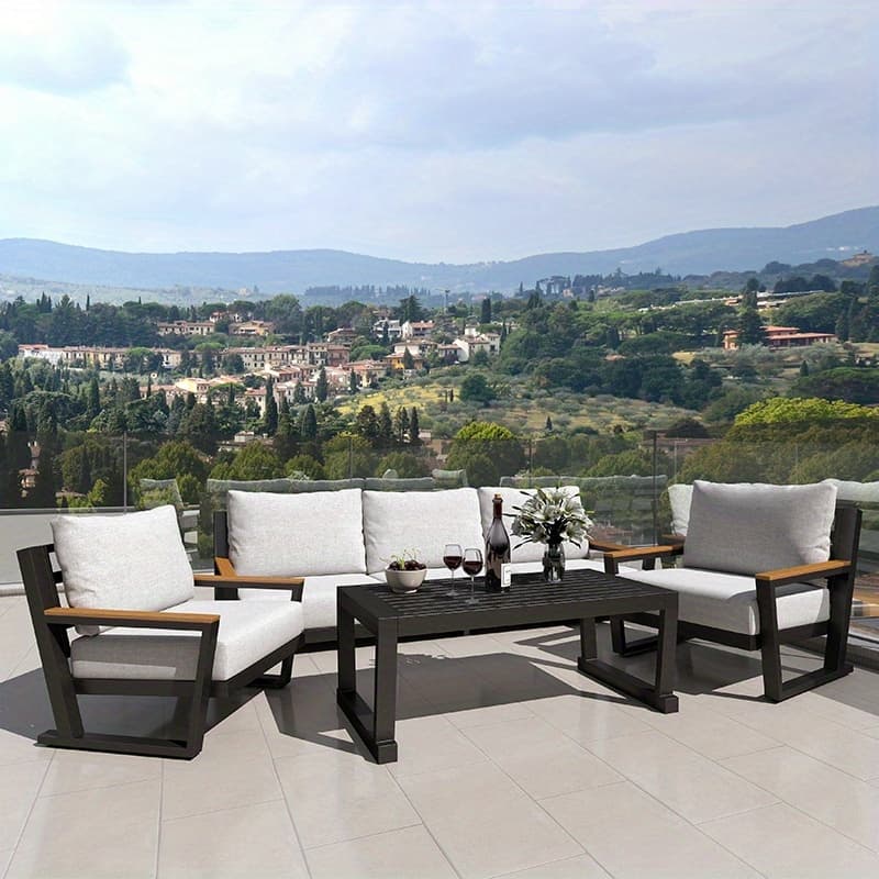 TEMU Aug- Aluminum Outdoor Sofa, 4 Seats Modern Patio Furniture Set, Sectional Sofa Conversation Set With Coffee Table, Upgraded Washable Cushions For Garden Backyard, Grey