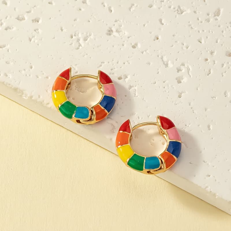TEMU A Pair Of Bohemian-style Colorful Drip-painted Contrasting Everyday Versatile Hoop Earrings For Women