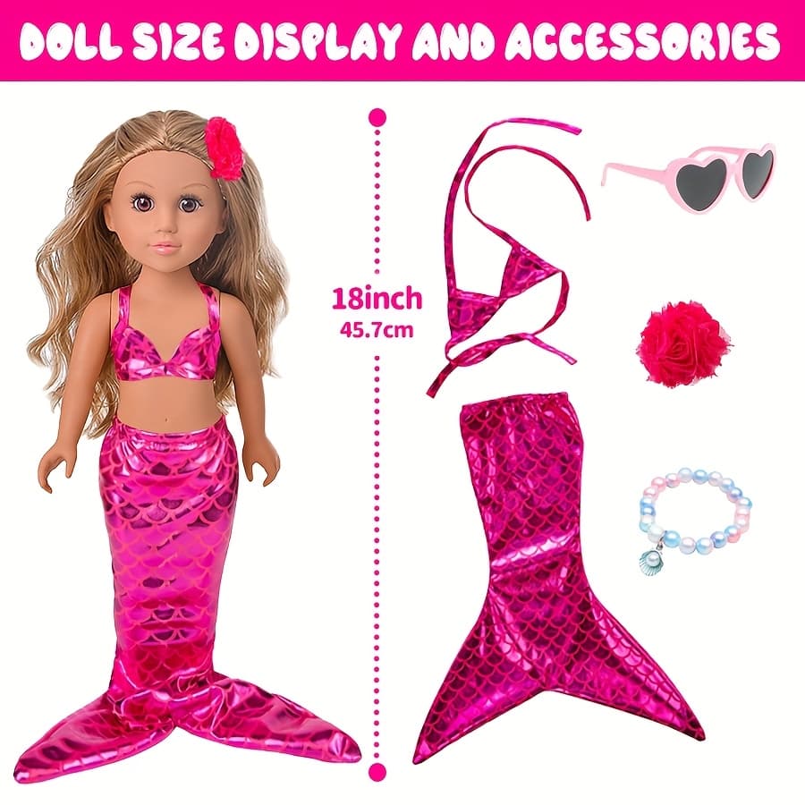 TEMU This 18-inch Baby Doll Set Comes With A Of Additions, Including A Mermaid Swimsuit, A Cell Phone, Glasses, A Flower Headband, And A Bracelet, Totaling 5 Pieces