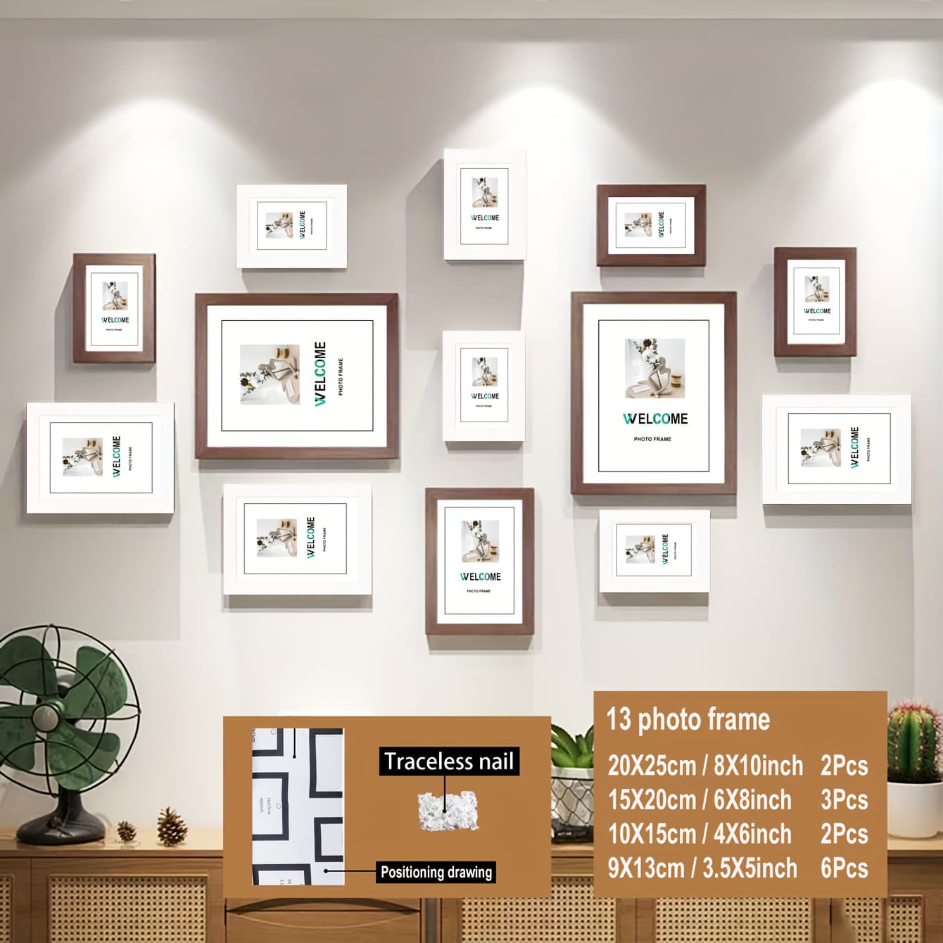 TEMU Combination Of 13 Wooden Photo Frames, Suitable For Family Wall Decoration, Includes Positioning Drawings
