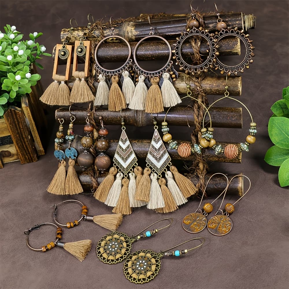 TEMU 10--pairs Bohemian Vintage Ethnic Drop Dangle Earrings For Women Wooden Tassel Pearl Beaded Geometric Leaf Flower Round Boho Earrings