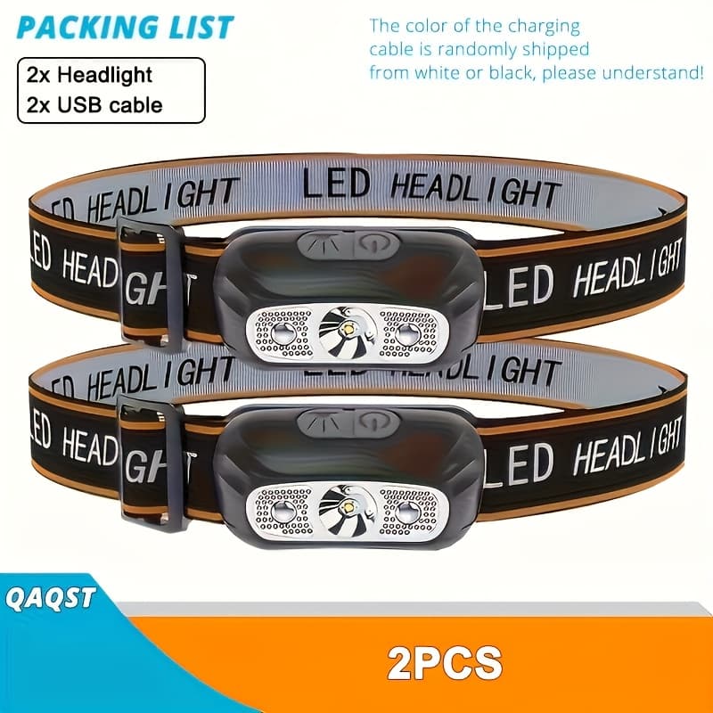 TEMU 2pcs Rechargeable Headlamp, Motion Sensor With 3 Lighting , Headlight Rechargeable Flashlight, For Outdoor Fishing & Camping, - Includes Battery