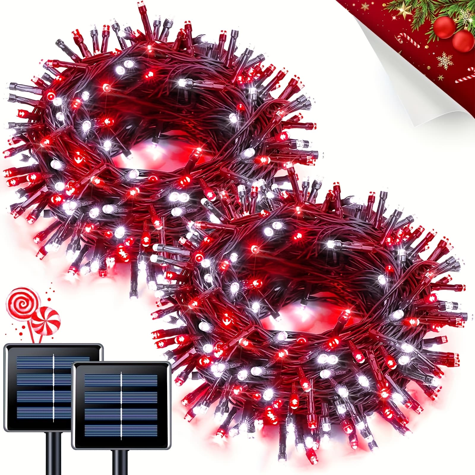 TEMU 2pcs 100 Led Red White Solar String Lights For Outside, Solar Christmas Lights Outdoor, Solar Outdoor String Light With 8 Lighting For Tree Wedding Party Garden Decorations