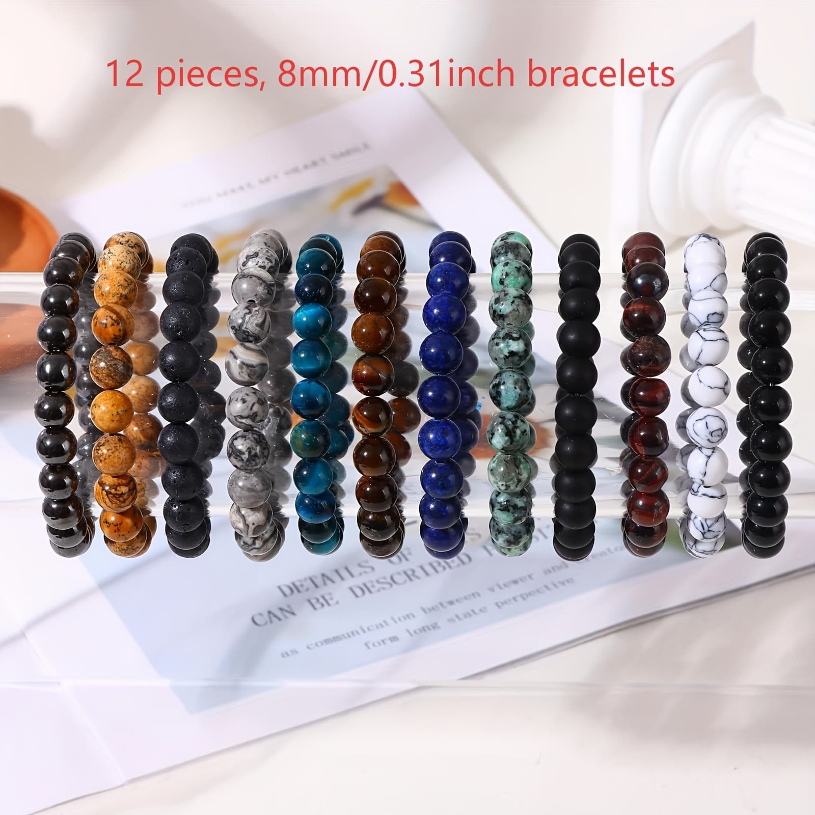 TEMU 12 Natural Stone Bead Bracelets - 8mm Gorgeous Semi-precious Stretch Bead Bracelets For Men And Women - Adjustable