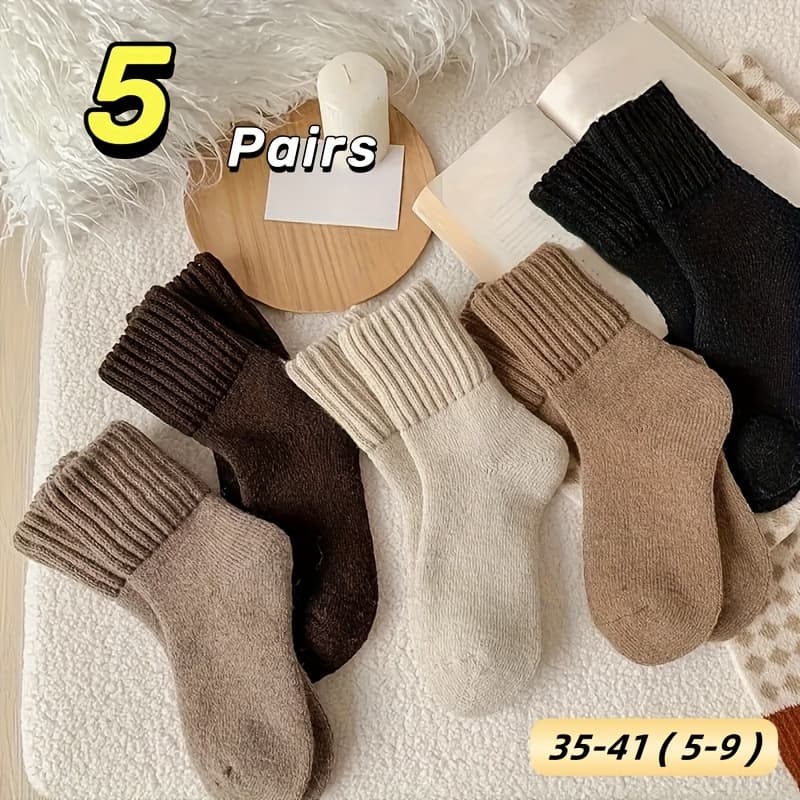 TEMU 5 Pairs Winter Solid Thick Towel Women's Socks, Comfortable Warm High Ribbed Bubble Socks, Women's Plush Leisure Snow Socks