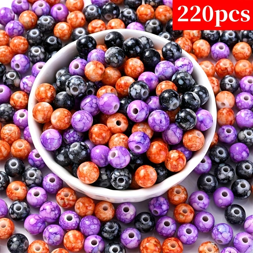 TEMU 220pcs 8mm Halloween Crackle Acrylic Beads In Black, Purple, Orange Series For Making, Loose Beads, Decorative Bead, Festival