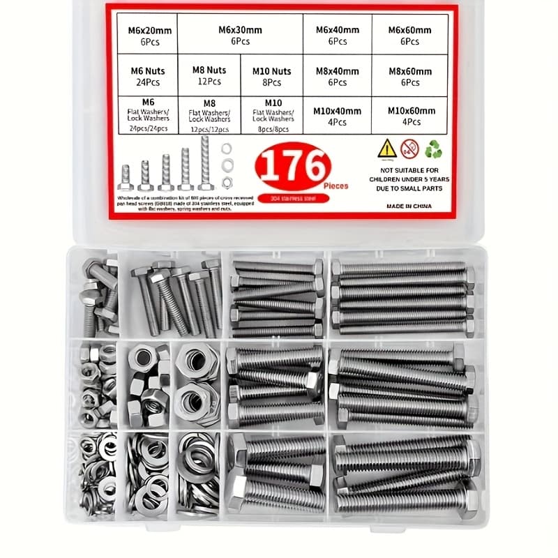 TEMU 176pcs Of Hex Bolts, M6, M8, M10 Heavy-duty And Nut Sets, Made Of 304 Stainless Steel, Including 8 Of The Most Used Sizes